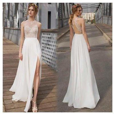 White Side Split Prom Dress Open Back Bridesmaid Dresses Beach Wedding Dress WK548