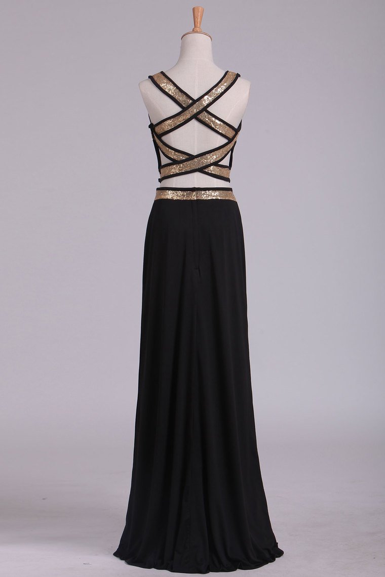 Black Open Back Two Pieces Sheath Prom Dresses Spandex With Beads And Slit