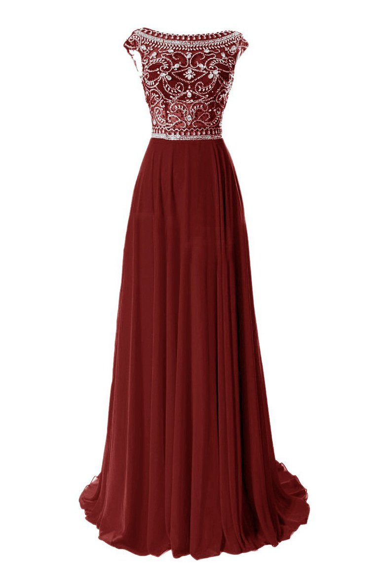 Hot Cap Sleeves Prom Dresses Scoop A Line With Beads Sweep Train