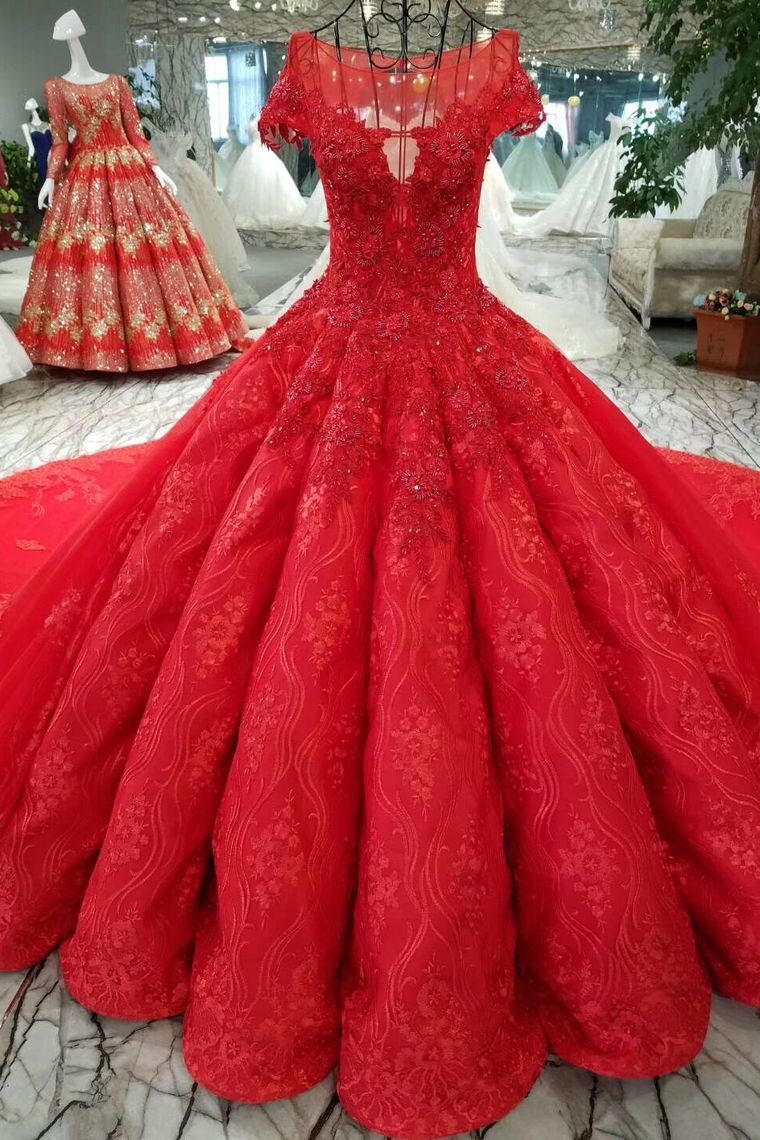 Red Ball Gown Luxury Wedding Dresses Bateau Cap Sleeves Royal Train Lace