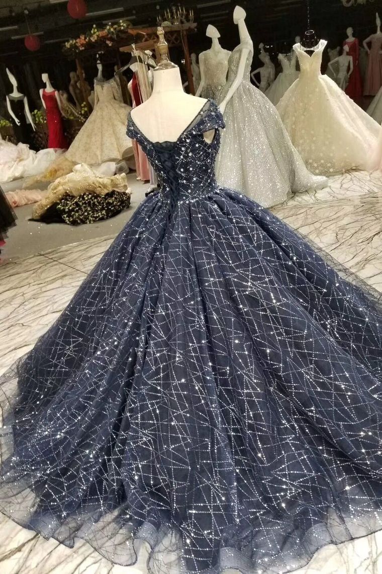 Prom Dress Ball Gown Bateau Cap Sleeves Dark Navy Lace Corset Back
