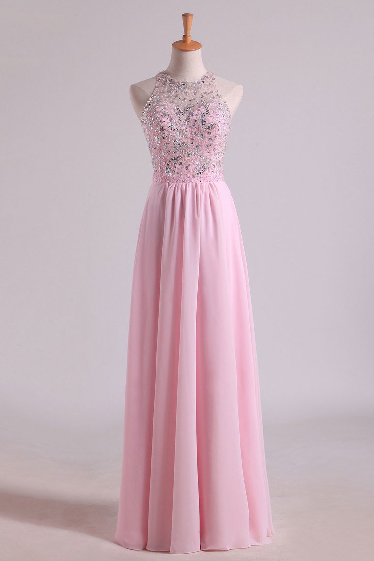 Simple Prom Dresses Scoop A Line Chiffon With Beading Floor Length