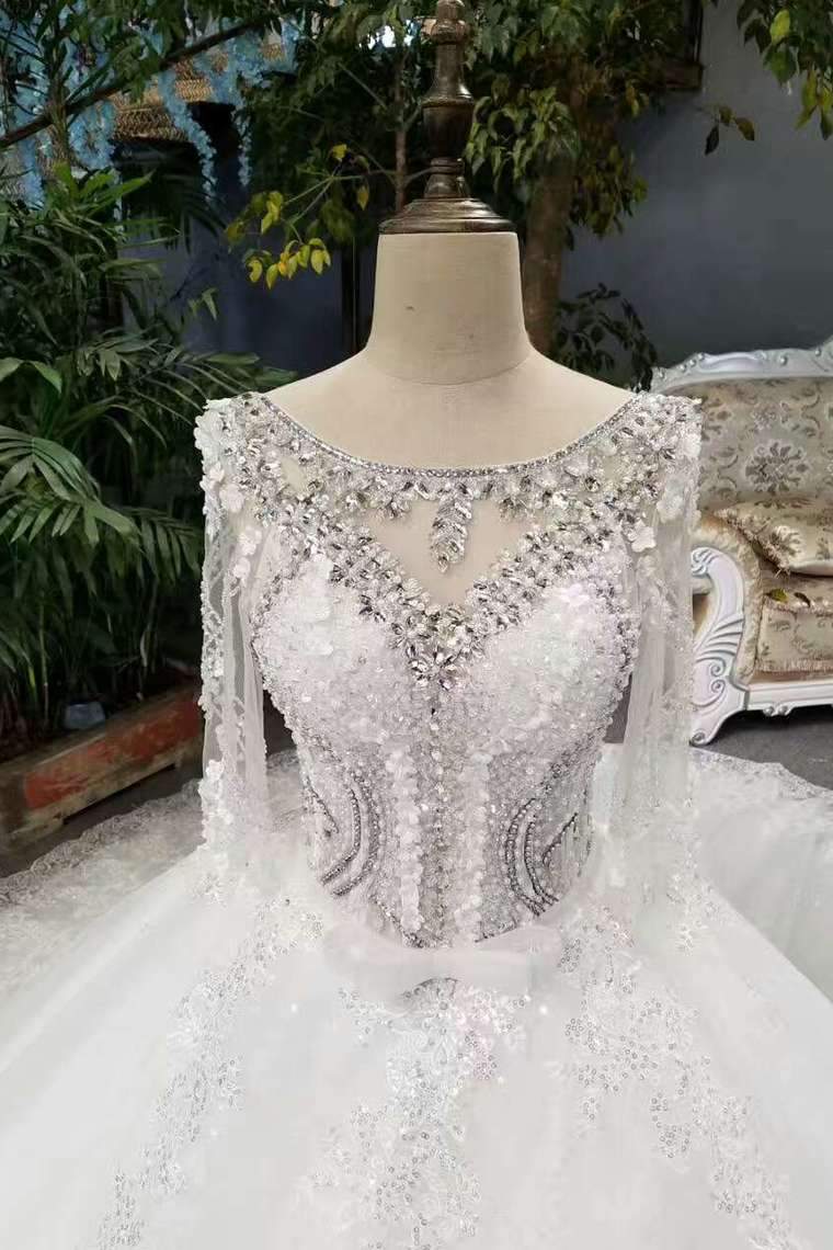 New Arrival Cheap Price Tulle Wedding Dresses Lace Up With Appliques And Crystals 3/4 Sleeves