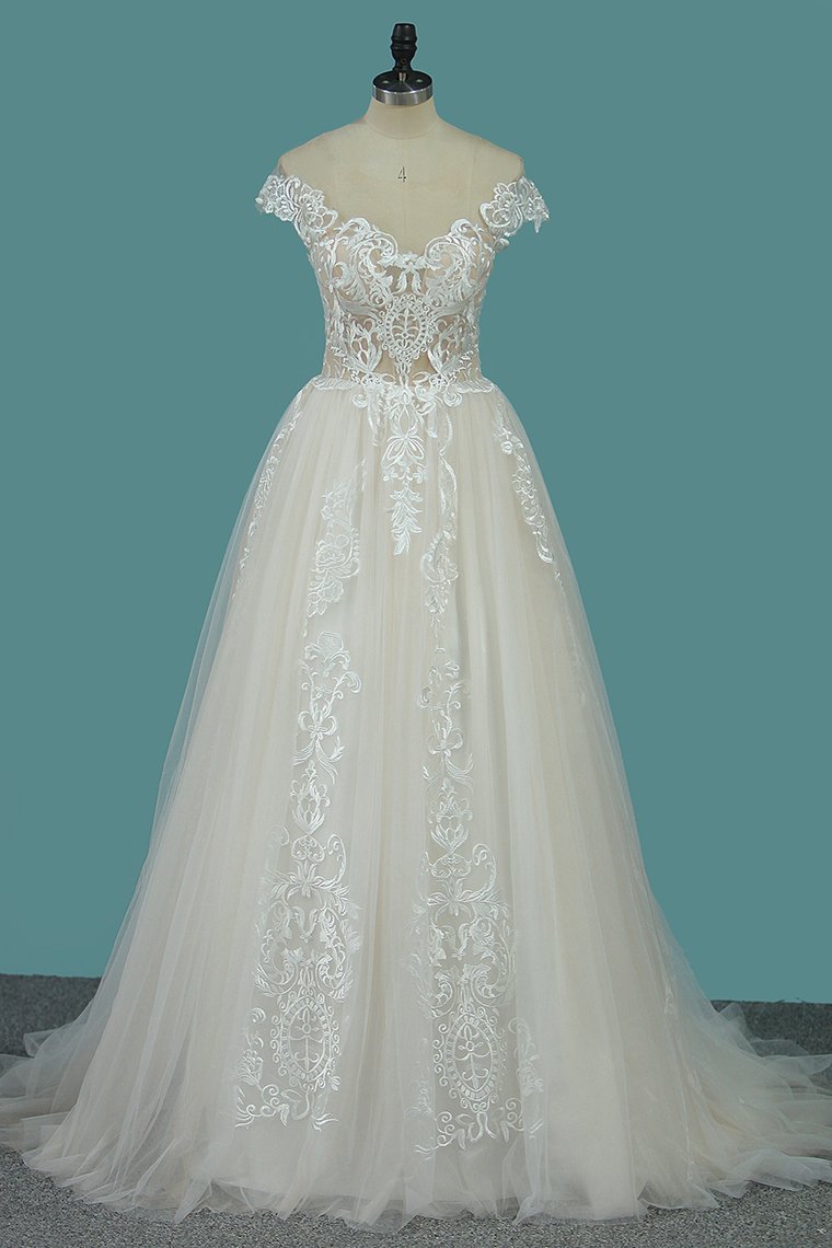 A Line Tulle Wedding Dresses Scoop Cap Sleeve With Applique