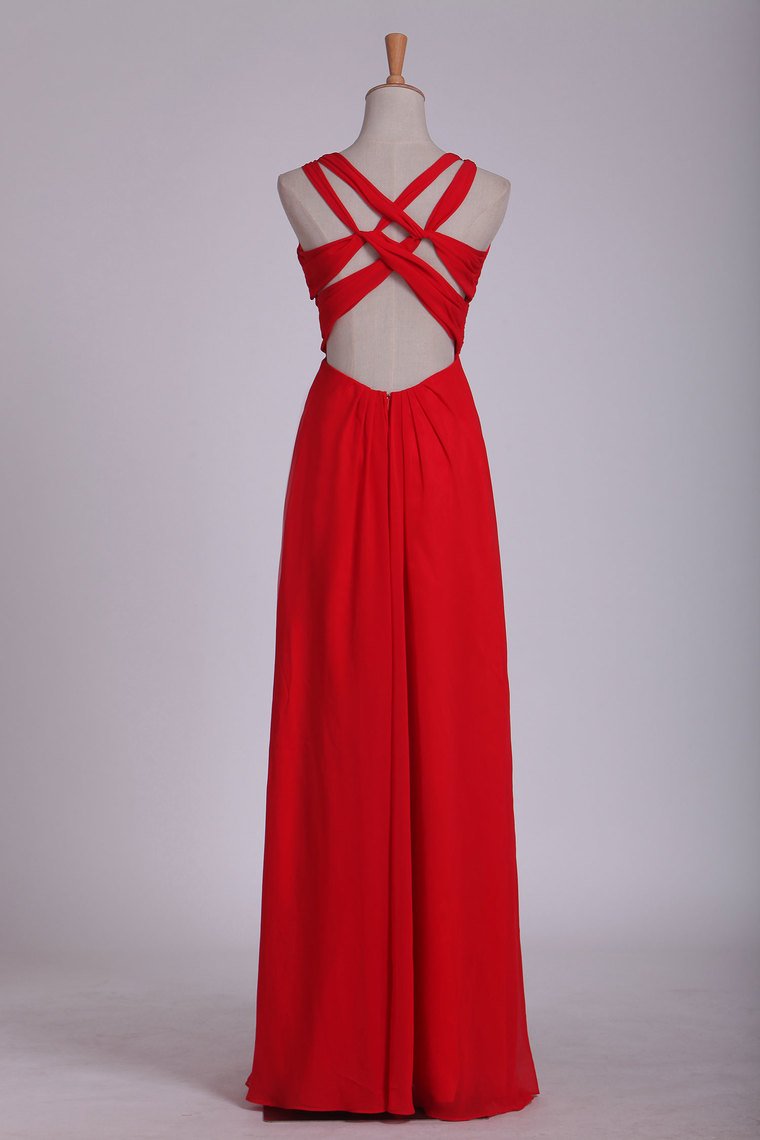 Sexy Open Back V Neck Ruched Bodice Prom Dresses A Line Chiffon