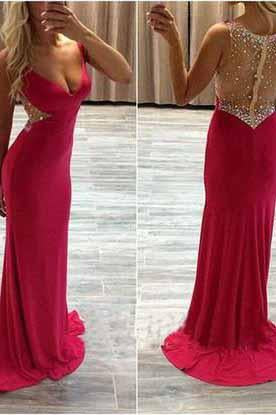 See Through Sexy Red Long Cheap V-Neck Beads Sleeveless Mermaid Prom Dresses WK953