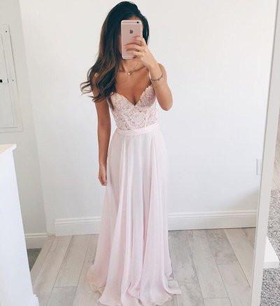 Elegant A-line V-neck Long Chiffon Baby Pink Long Prom Dress Evening Dresses WK859