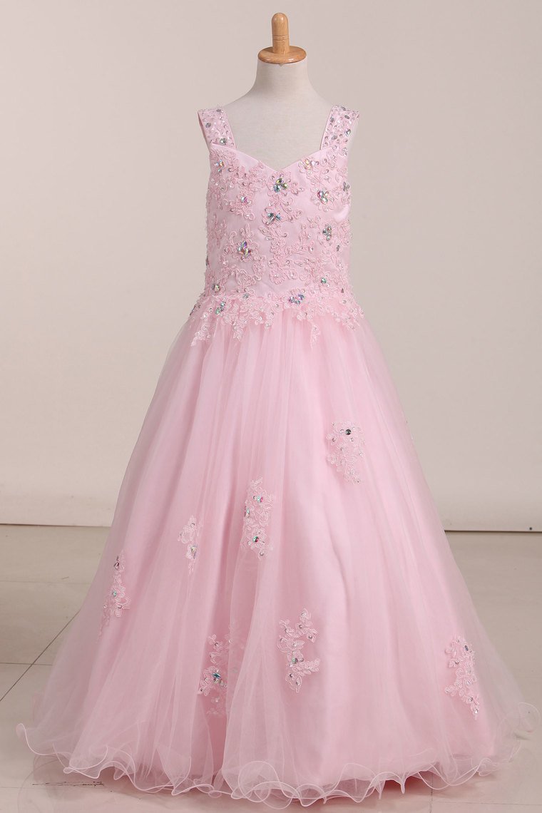 Flower Girl Dresses Tulle Straps With Beads And Applique Floor Length