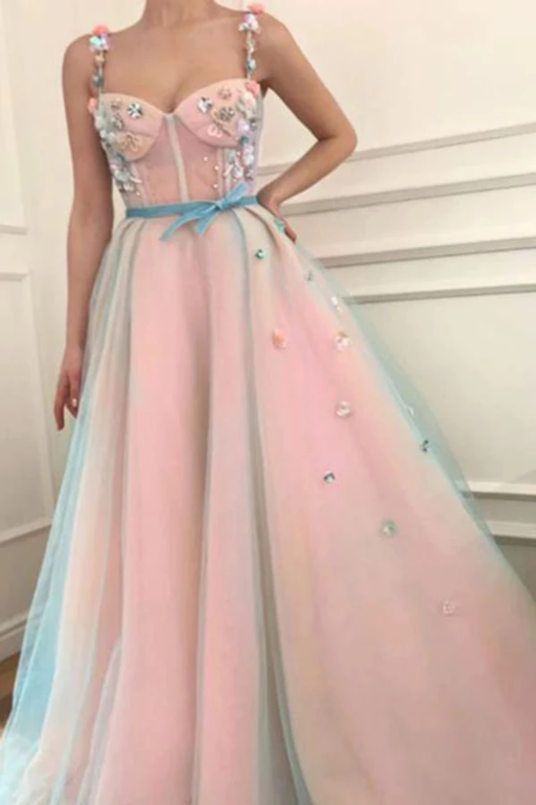 Stunning Applique A-Line Spaghetti Straps Tulle Sweetheart Prom Dresses With Belt