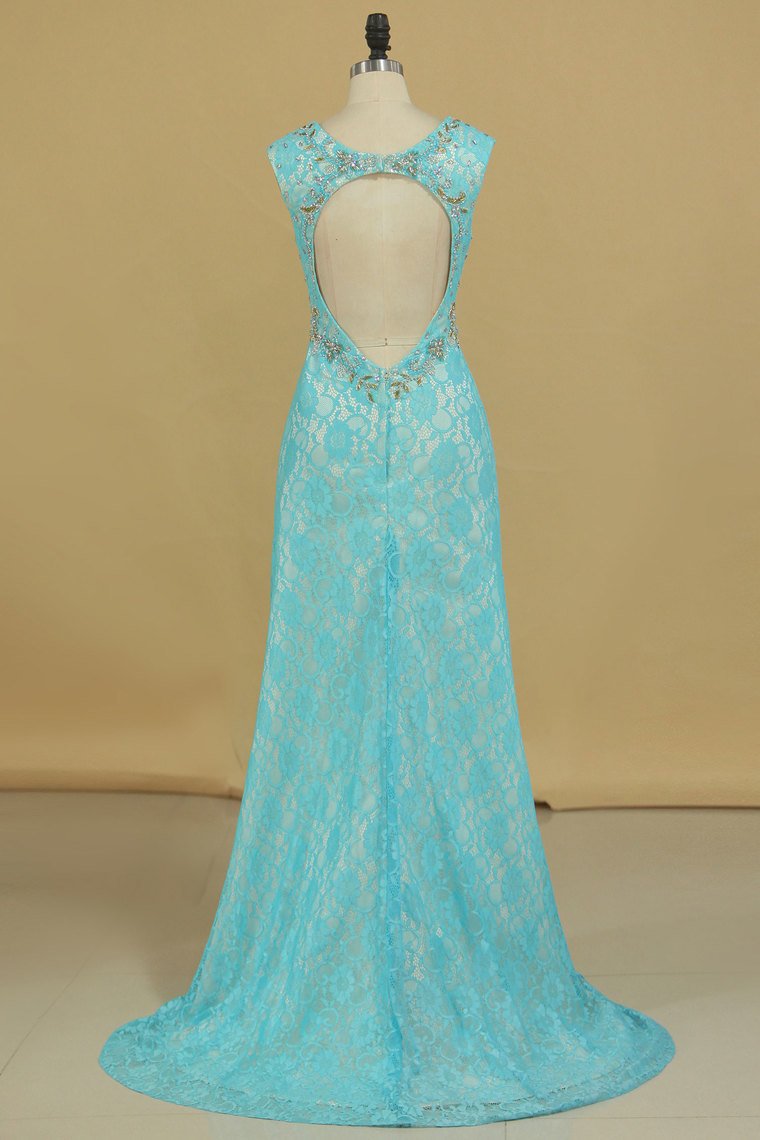 Sexy Open Back V Neck With Beads And Slit Prom Dresses Mermaid Lace Sweep Train