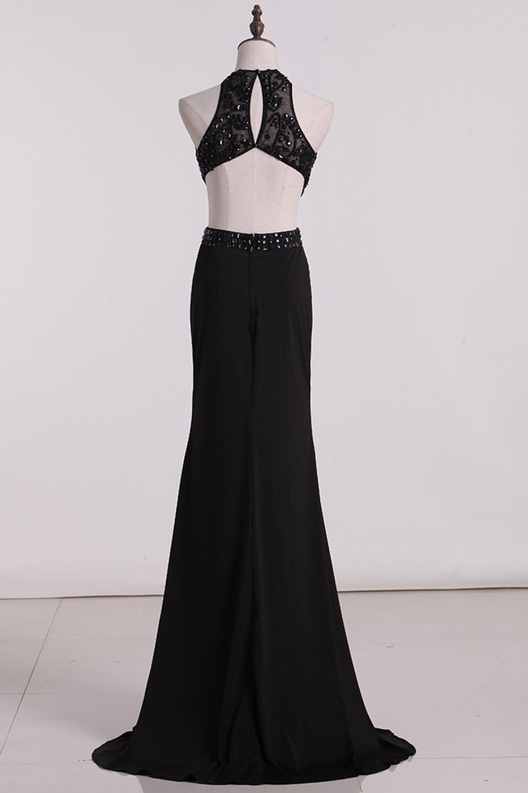 See-Through Scoop Open Back Prom Dresses Spandex With Beads And Slit