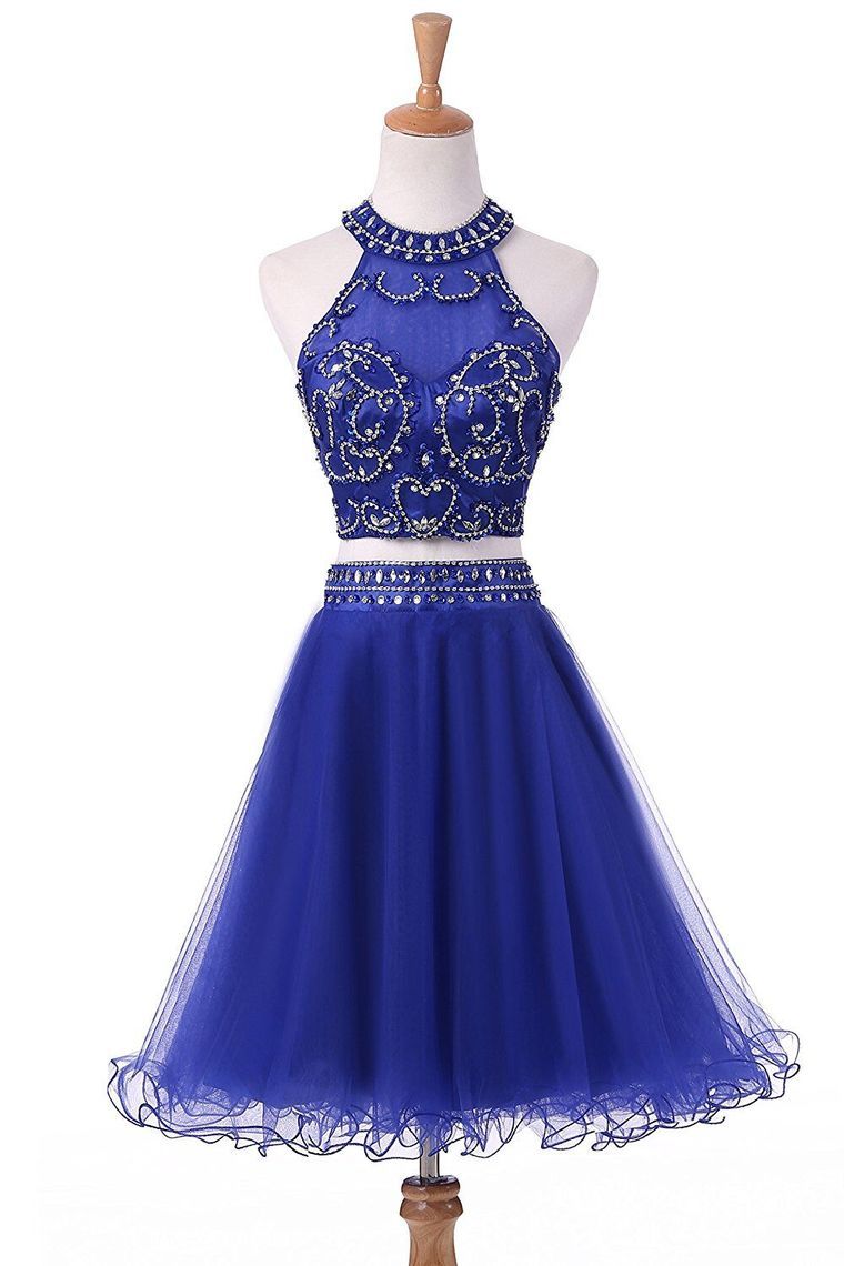 A Line Scoop Two-Piece Beaded Bodice Homecoming Dresses Tulle
