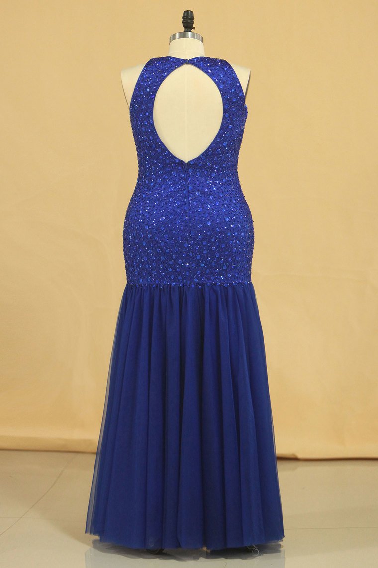 Floor Length Prom Dresses Scoop Beaded Bodice Mermaid Tulle Dark Royal Blue