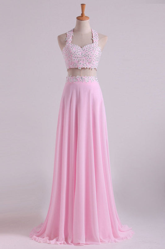 Halter Prom Dresses A-Line With Applique Chiffon