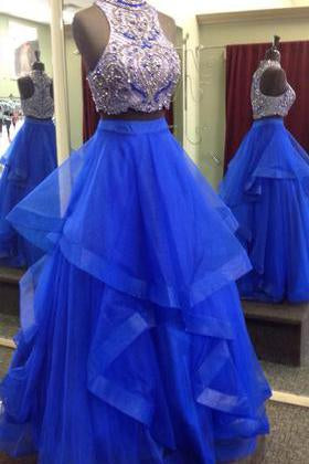 Royal Blue Two Piece Beaded Bodice Tulle Skirt Ball Gown Halter Sleeveless Prom Dresses WK224