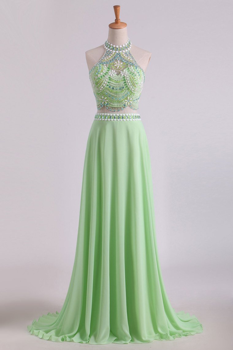 Two Pieces Prom Dresses Halter A Line Chiffon Sweep Train With Beading