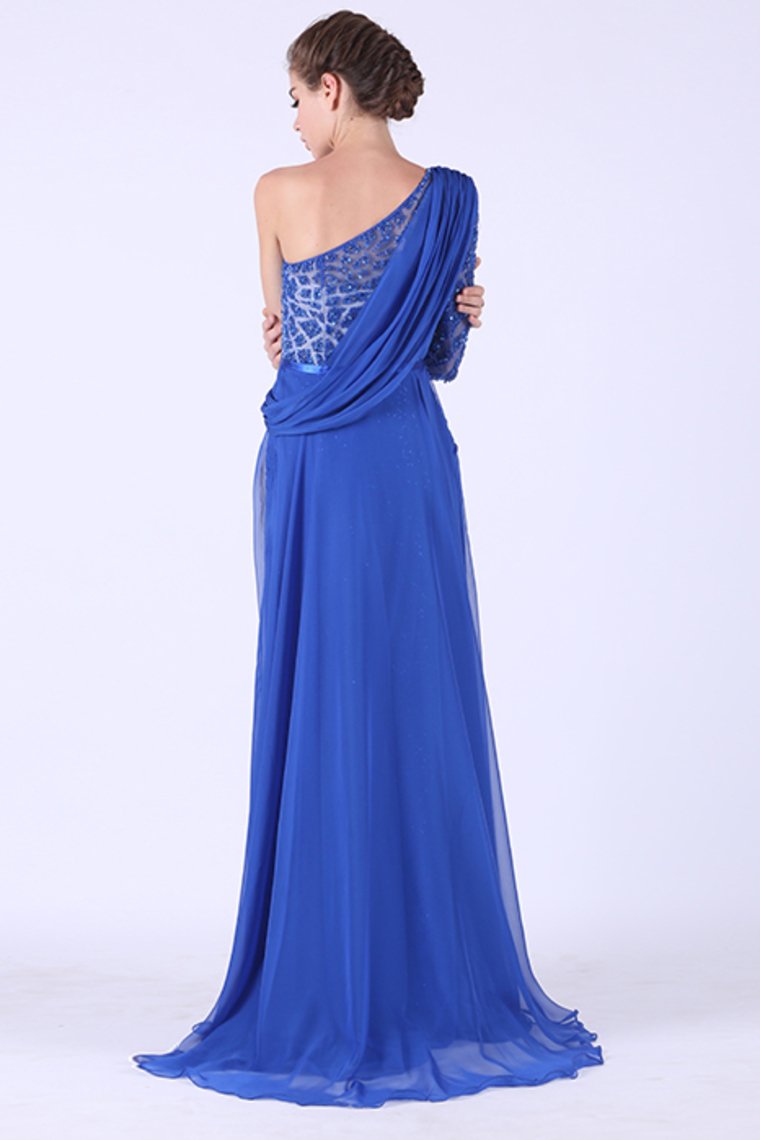 One Sleeve With Beading And Slit Prom Dresses Lace & Chiffon