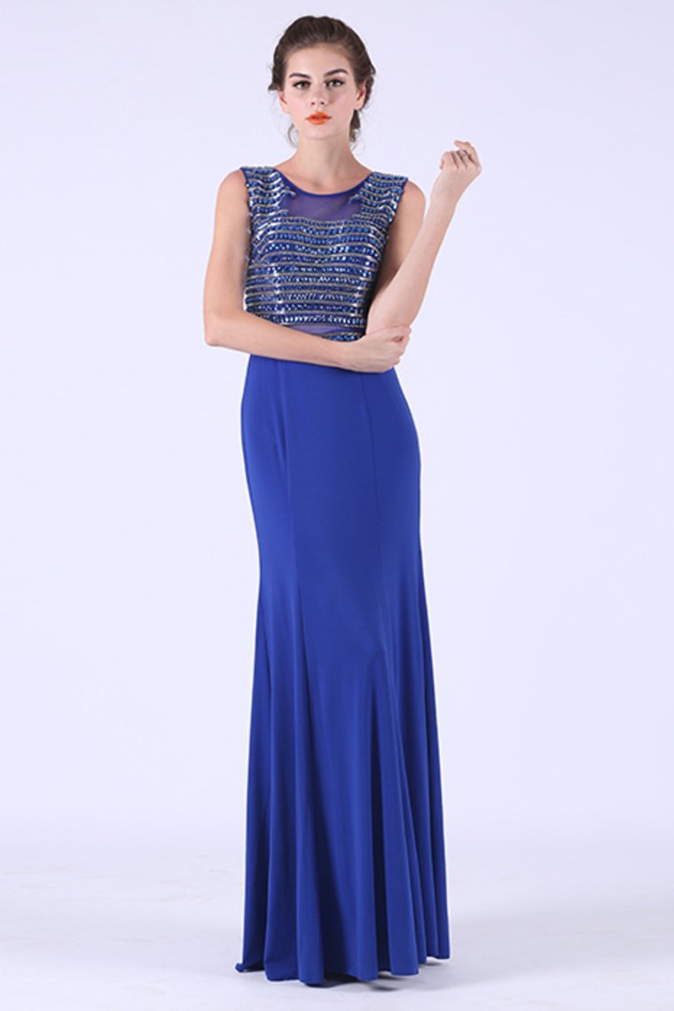 Sexy Open Back Prom Dresses Scoop Beaded Bodice Spandex