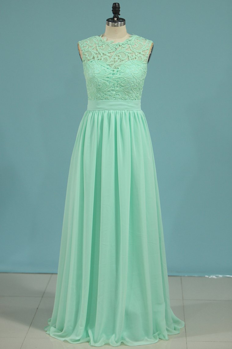 New Arrival Scoop A Line Prom Dresses Chiffon & Lace Sweep Train