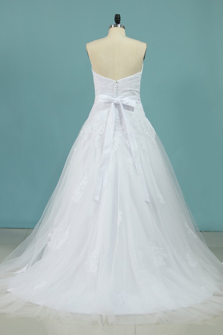 A Line Sweetheart Tulle With Aplique And Sash Wedding Dresses