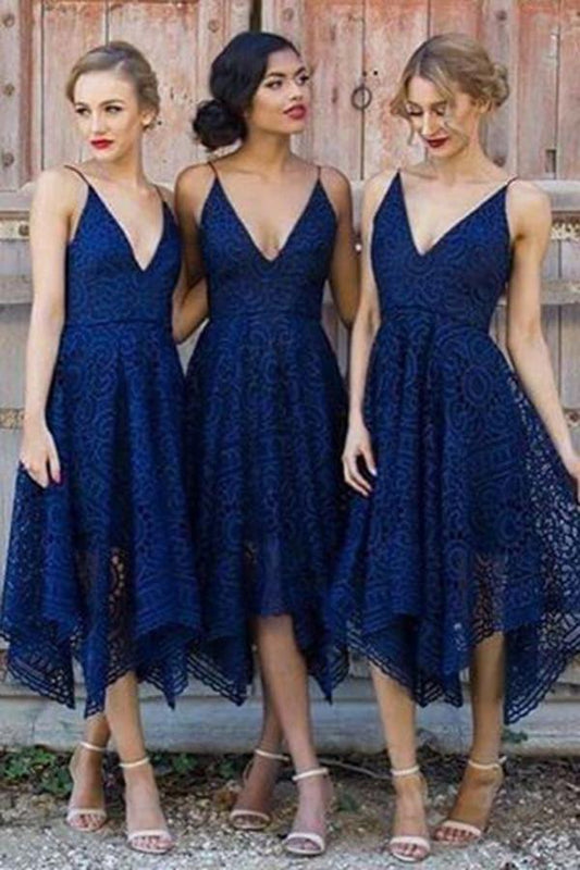 Navy Blue Deep V-neck Spaghetti Straps Sleeveless Asymmetry Lace A-line Bridesmaid Dress WK624