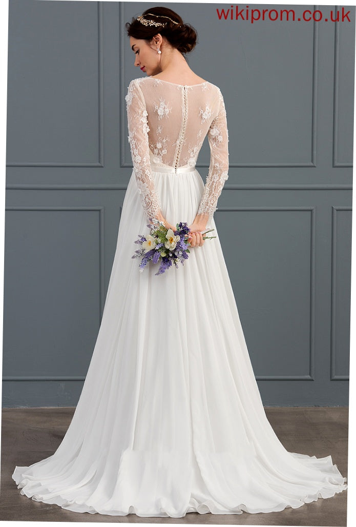 Chiffon Sweep A-Line Wedding Dresses Train V-neck Wedding Christine Sequins Beading Lace With Dress