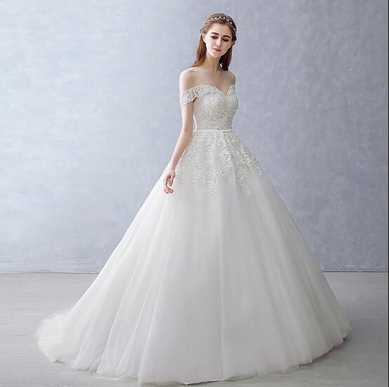 White Off-the-Shoulder Ball Gown Beads Sweetheart Floor-Length Wedding Dress WK751