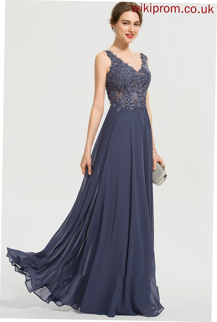 Chiffon Sequins Yasmine A-Line Beading Floor-Length Front V-neck With Prom Dresses Split