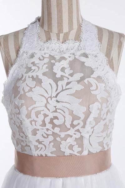 Simple A-Line White Open Back Jewel Sleeveless Floor-Length Lace Top Halter Wedding Dress WK381