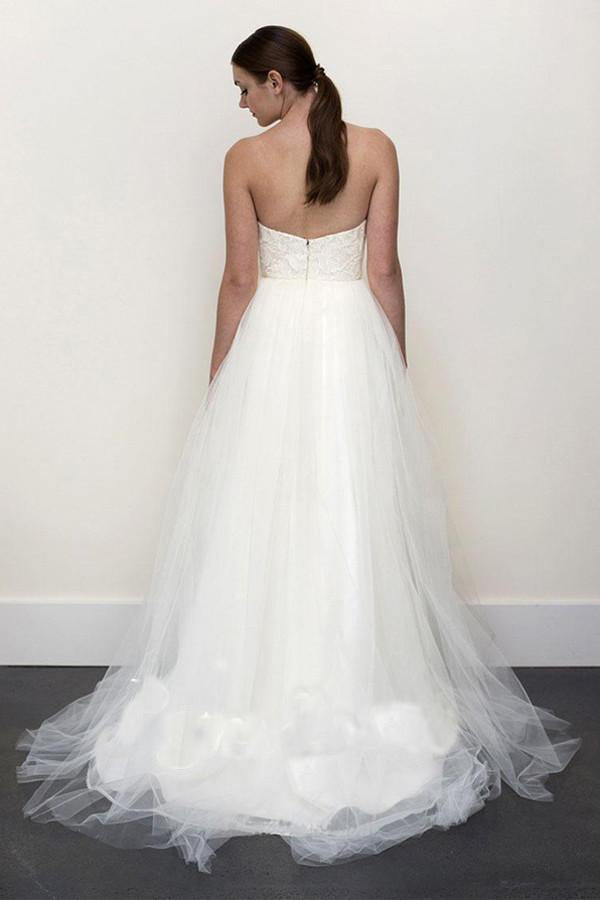 Sexy Top A-line White Lace Grey Tulle Strapless Sweetheart Neck Wedding Dress WK357