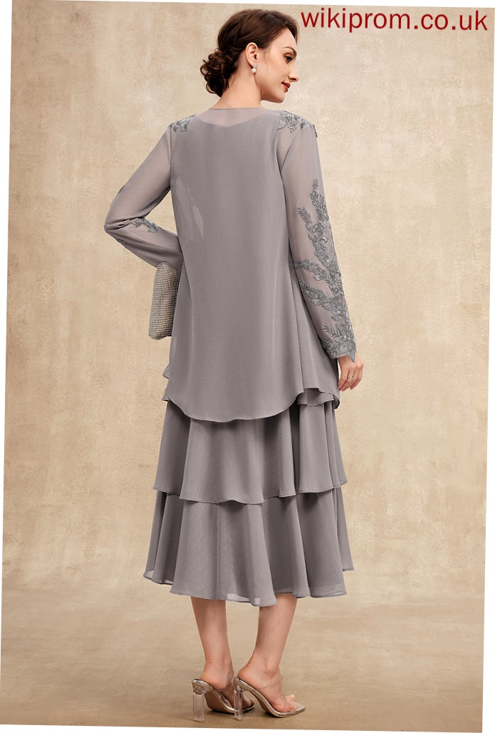 Chiffon Ruffles Bride Tea-Length Mother Scoop Jayden Neck Dress Mother of the Bride Dresses With A-Line Cascading the of