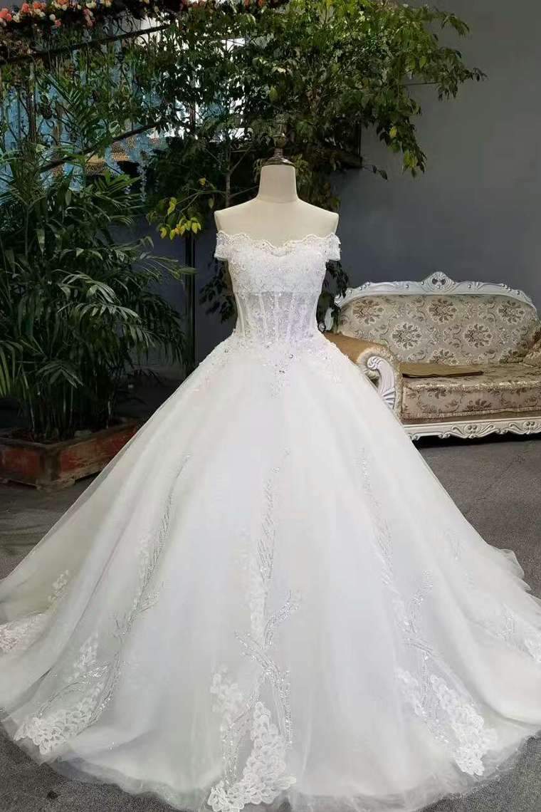 Cheap Wedding Dresses Tulle Lace Up With Appliques And Rhinestones Ball Gown