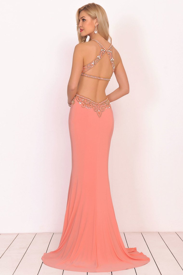 Sexy Open Back Scoop Open Back Prom Dresses With Beads Spandex