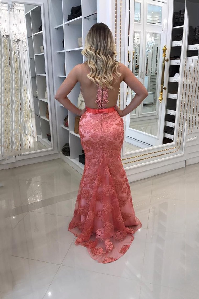Scoop Lace Mermaid Prom Dresses With Beads And Sash Sweep Train