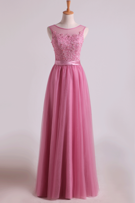 Bridesmaid Dresses Scoop A Line Floor Length With Applique Tulle