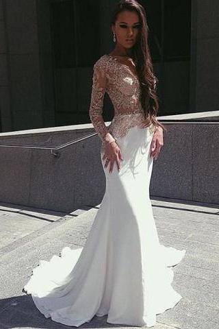 White Mermaid Long Sleeves Seen Through Long Prom Dresses WK0192