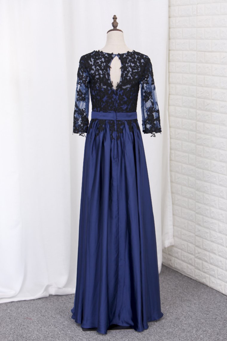 2024 A Line Prom Dresses 3/4 Length Sleeves Scoop Chiffon With Black Applique Floor Length
