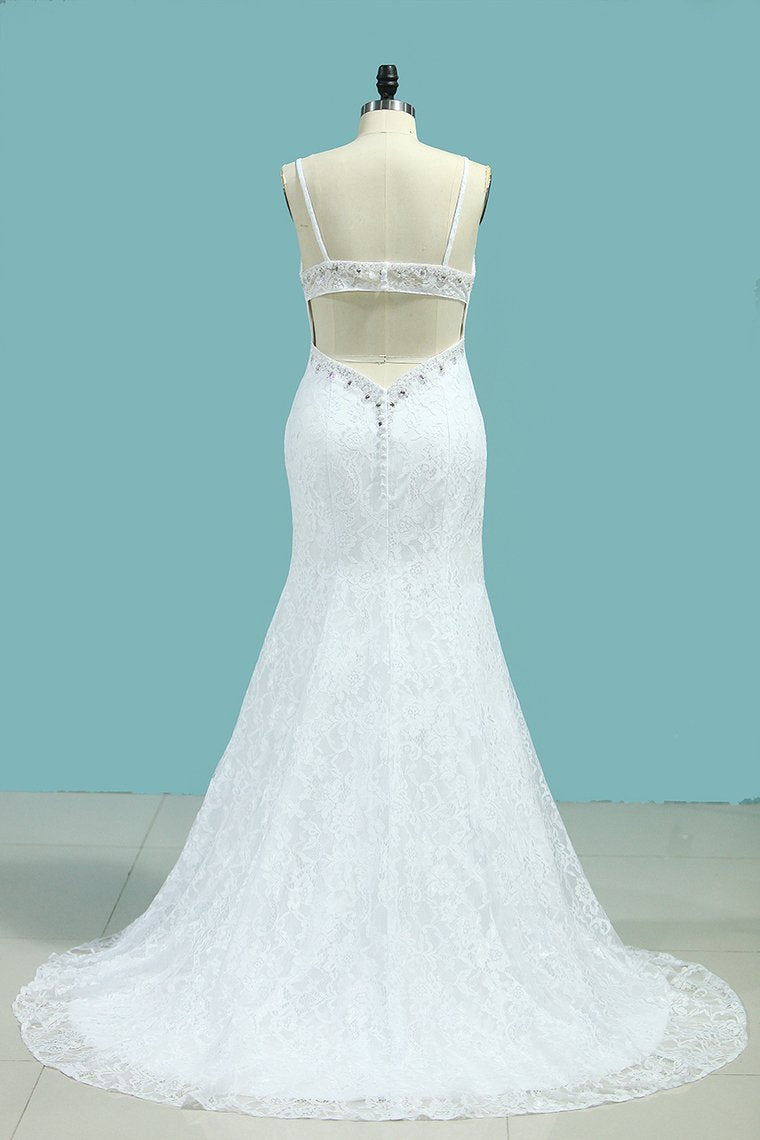 Mermaid Spaghetti Straps Wedding Dresses Open Back Lace With Beading