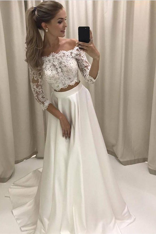 A-line Princess Lace Bodice 3/4 Sleeves Two Pieces Satin Simple Wedding Dresses WK728