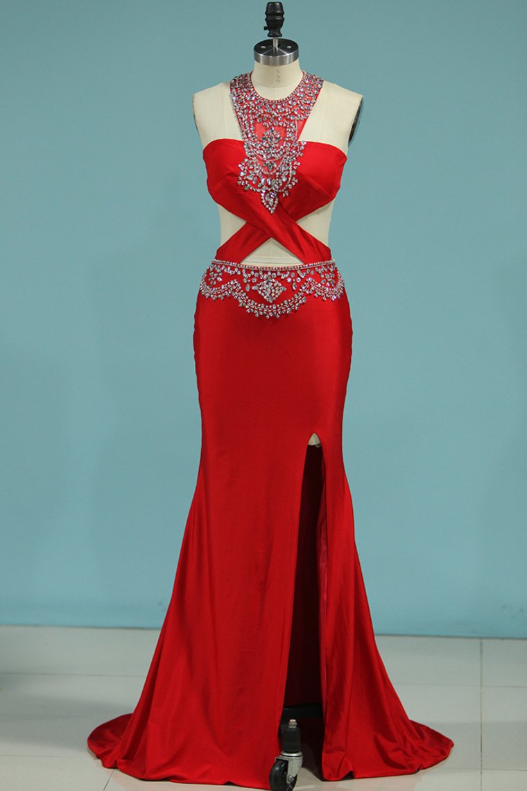 New Arrival Scoop With Beads And Slit Prom Dresses Spandex Mermaid