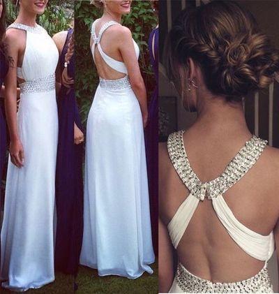 White Open Backs Simple Beaded A Line With Straps Glitter Backless Prom Dress For Teens WK118