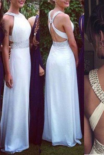 White Open Backs Simple Beaded A Line With Straps Glitter Backless Prom Dress For Teens WK118