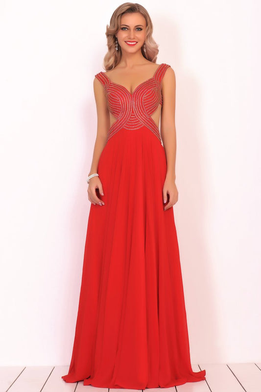 Chiffon Straps Beaded Bodice A Line Open Back Sweep Train Prom Dresses