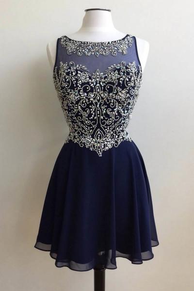 Dark blue chiffon beading round neck short handmade prom dress WK393