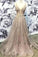 Spaghetti Straps V Neck Long Prom Dress With Appliques, Glitter Long Formal Dress
