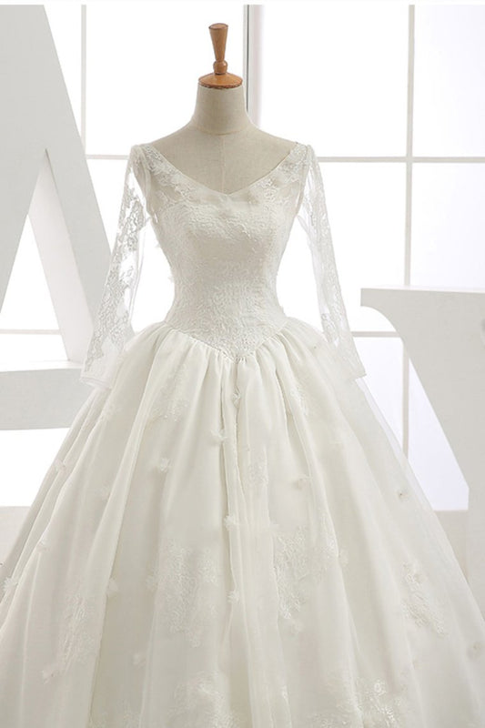 Long Sleeves Wedding Dresses V Neck With Applique Organza Cathedral Train