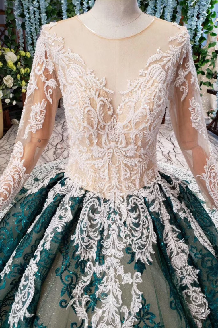 Green Long Sleeves Ball Gown Lace Prom Dress With Appliques, Long Prom Gown