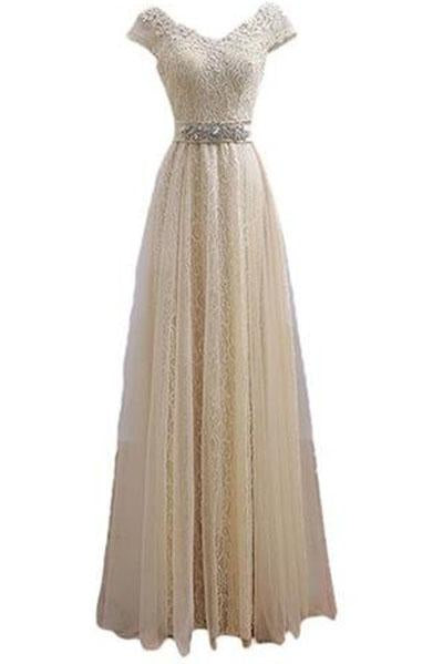 V Neck Cap Sleeve Lace Party Prom Dresses WK218