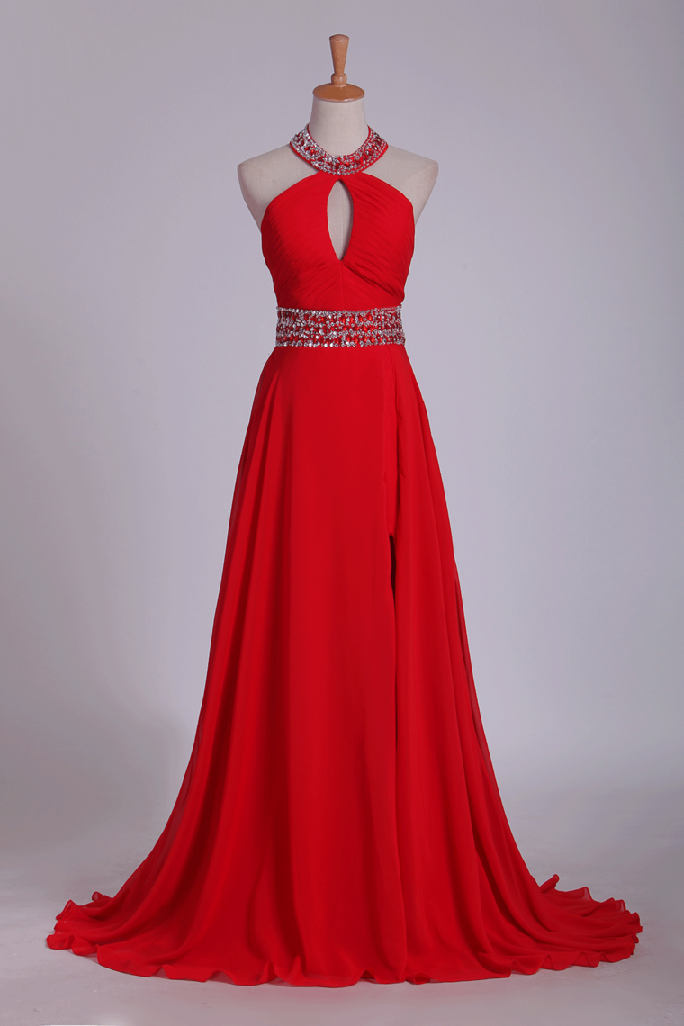 Prom Dresses A Line Halter Chiffon With Beading And Ruffles