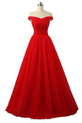Elegant A-line Off Shoulder Red Lace-up Floor-Length Simple Prom Dresses WK772